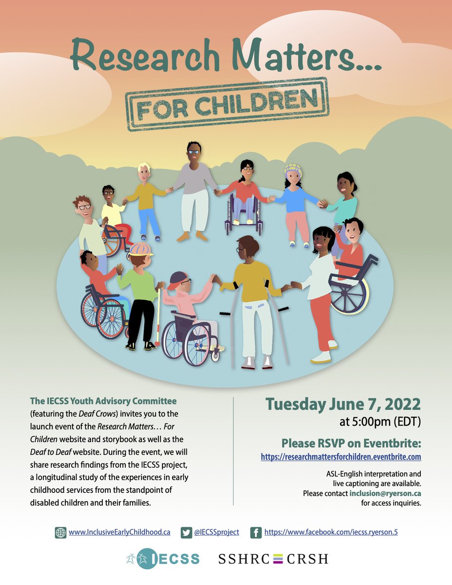 The IECSS Youth Advisory Committee (featuring the Deaf Crows) invites you to:

Research Matters…for Children
Tuesday, June 7 at 5:00 PM (EDT)

For more information and to register for the event please visit: eventbrite.com/e/research-mat…