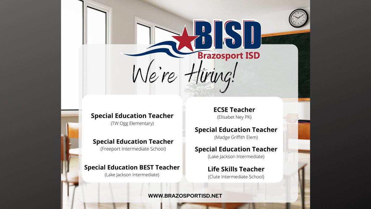 Are you interested in a Special Education teaching opportunity at BISD!? Check out the vacancies below ~ visit our website to view job details & apply! applitrack.com/brazosportisd/… #BISDpride #FromHereAnythingIsPossible