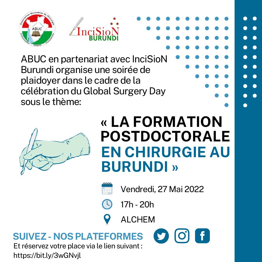 We are happy to anounce this great annual event #GSD2022 in Burundi
 
Please join us by booking a place on this link: bit.ly/3wGNvjl

#GlobalSurgery
#GSD2022
#TheFutureOfTheOR
<a href="/InciSioNGlobal/">InciSioN</a>
<a href="/aaglobalsurgery/">Association of Academic Global Surgery</a>
<a href="/DVervoort94/">Dominique Vervoort</a>
#EducationInGlobalSurgery