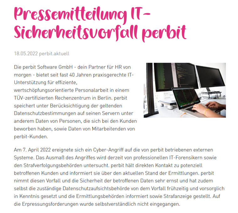 cyber_etc's tweet photo. Germany 🇩🇪 : on May 18, the software publisher #perbit admitted to being hit by a #cyberattack on April 7.
The Clop #ransomware gang had claimed responsibility for the attack in mid-April.
#Hackerangriff #Clop @ransomwaremap @ValeryMarchive
Via @perbit_Software & @Heimschule76 https://t.co/8J3xvoneMd