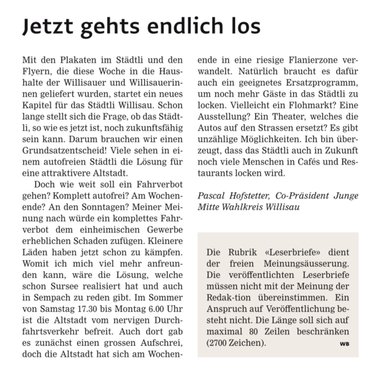 DieJungeMitteWS's tweet photo. Wir fordern an den Sonntagen im Sommer ein autofreies Städtli Willisau!🚗 

Doch es braucht ein geeignetes Ersatzprogramm damit das Städtli weiter atraktiv bleibt.💃🕺

Unser Co-Präsi @PaHofstetter hat einen Leserbrief zum Thema geschrieben.✏️ https://t.co/rwPTMiW0yK