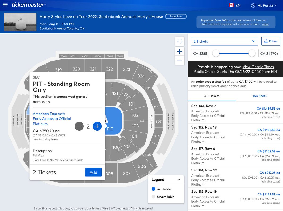 PortiaBaladad's tweet photo. .@Ticketmaster surge pricing should be illegal. Toronto pit tickets are $130 cheaper than my return flight to London AND my Harry at Wembley ticket combined. The math isn't mathing! https://t.co/HxwLZdOFwo