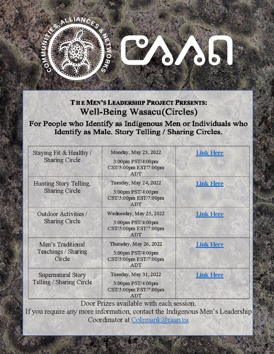 Here's all the upcoming dates for our free virtual men's program WELL-BEING WASACU (virtual sharing circle for all Indigenous Men) MAY 2022: 
#CAANPrograms #mensmentalhealth #indigenousmenswellness Visit the #CAANEvents Calendar: caan.ca/events-and-wor…
