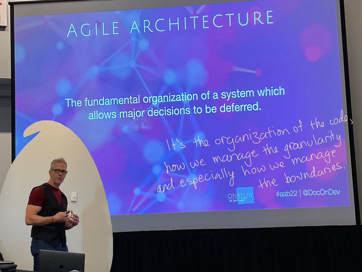 jessitron's tweet photo. Your architecture is in the code. Everything else is a model.

Architecture decisions are made every day, as you’re in the code.
⁦@DocOnDev⁩ 
#aab22 #AgileAndBeyond https://t.co/cTcnNUQ6Oe