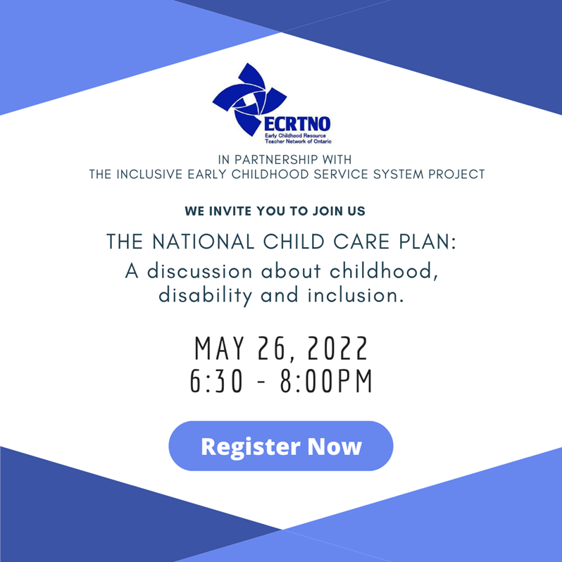 In partnership with <a href="/ECRTNO5/">ECRTNO</a> , we invite you to: 
The National Child Care Plan: A discussion about childhood, disability and inclusion
Thursday, May 26 at 6:30 PM (EDT) 

For more information and to register for the event please visit: eventbrite.com/e/the-national…