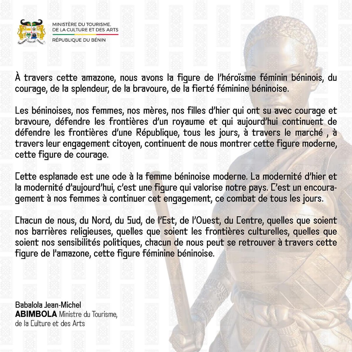 artdubenin's tweet photo. 🚨 Polémique autour de la statue de l’amazone. 

À l'occasion de sa rencontre de presse dans le cadre du finissage et la réouverture de l’Expo Art du Bénin, le Ministre du Tourisme, de la Culture et des Arts, M. Babalola Jean-Michel ABIMBOLA répond. https://t.co/5Smh9MtEjg