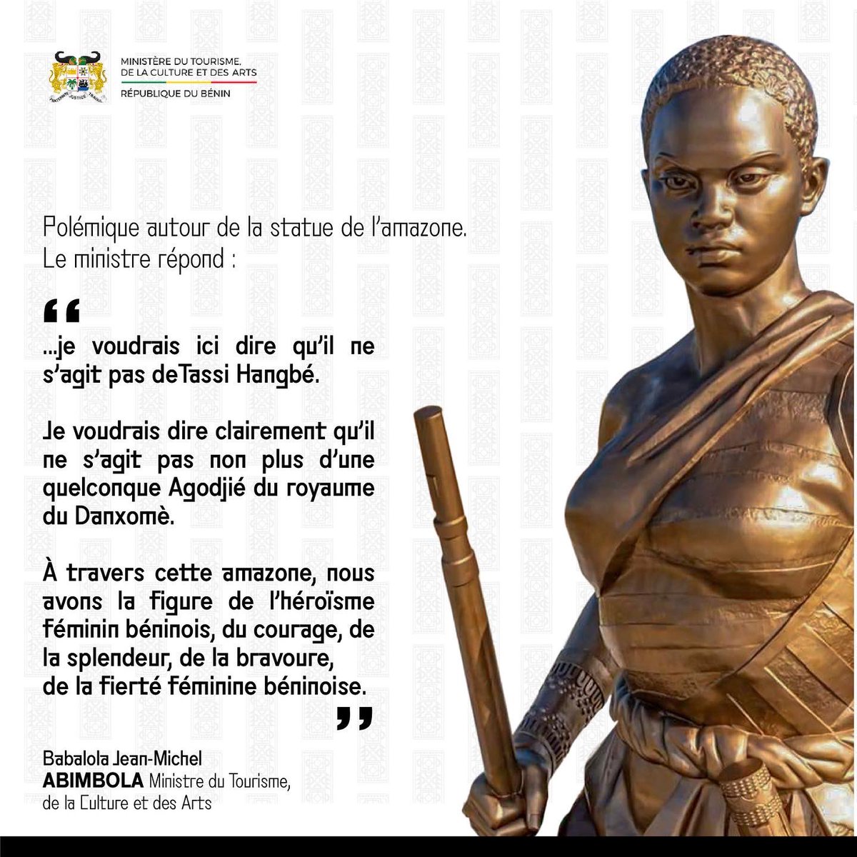 artdubenin's tweet photo. 🚨 Polémique autour de la statue de l’amazone. 

À l'occasion de sa rencontre de presse dans le cadre du finissage et la réouverture de l’Expo Art du Bénin, le Ministre du Tourisme, de la Culture et des Arts, M. Babalola Jean-Michel ABIMBOLA répond. https://t.co/5Smh9MtEjg