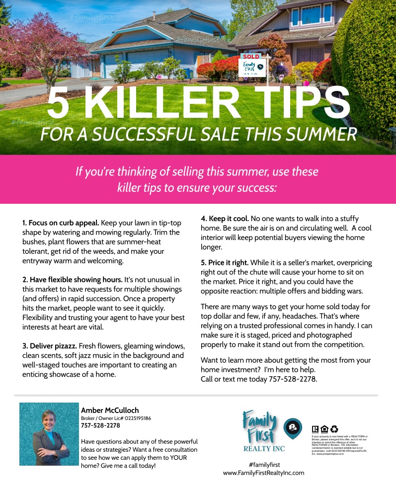 AmberMBroker's tweet photo. 5 Killer Tips for a Successful Sale this Summer! #familyfirst #realestate #priceright #curbappeal #pizazz #hrva https://t.co/PTDl04hWHD