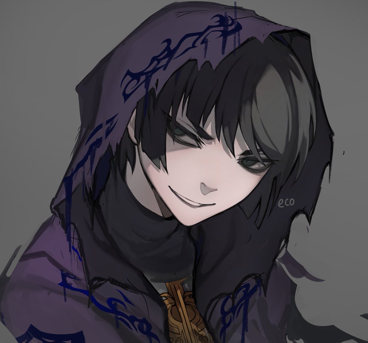 scaramouche (genshin impact) 1boy male focus solo smile hood black hair simple background  illustration images