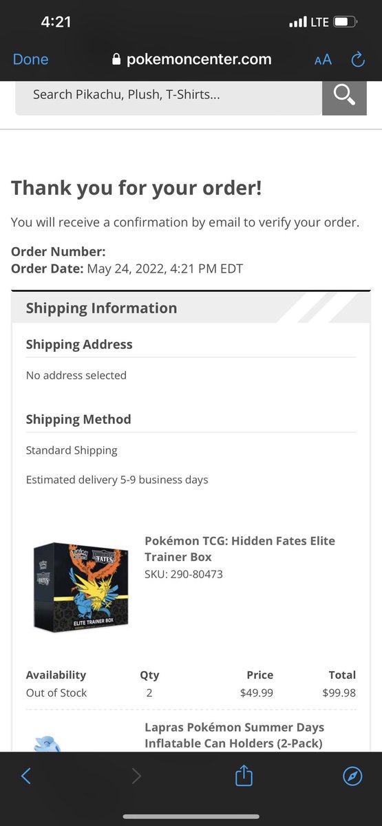 3080ss's tweet photo. @PokemonTCGDrops Nice fake order 👍🏼 no order number or charge but brought me to place order screen, gotta love that shitty ass site. https://t.co/OwF7Rf49Dv