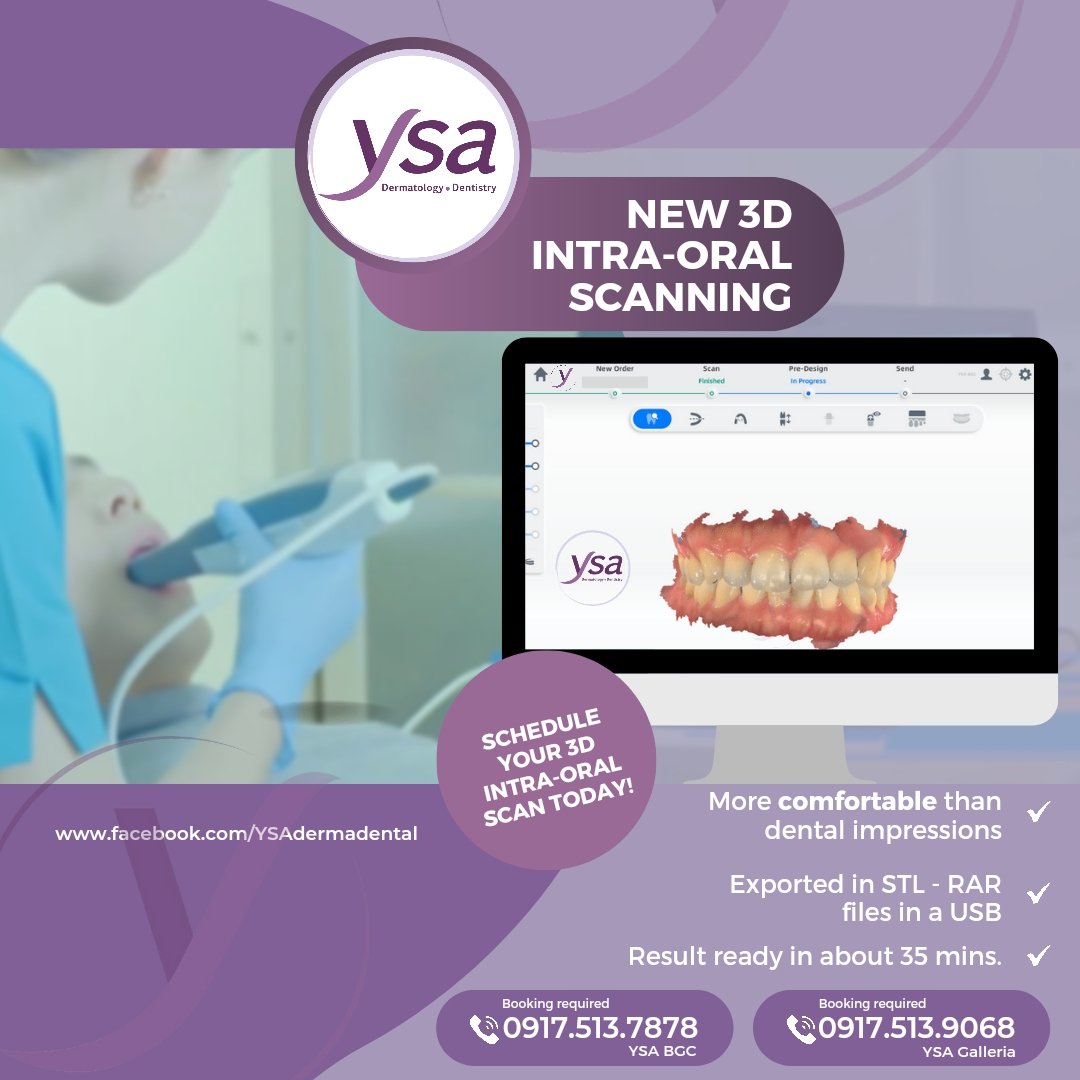 YsaDermaDental's tweet photo. New 3D Intra-Oral Scanning available at:
#YSAbgc 0917.513.7878 
#YSAgalleria 0917.513.9068
◉ Booking required 
༺༒༻ 
◉ More comfortable than dental impressions
◉ Exported in STL - RAR Files in a USB
◉ Result ready in about 35 minutes https://t.co/Lw05Y1W06w