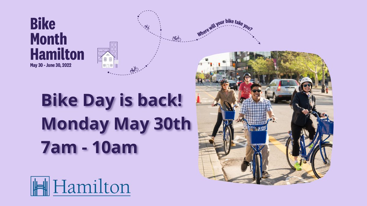 #BikeDay is returning to its in-person format this Monday, May 30 in #HamOnt! Join hundreds of cyclists at Hamilton City Hall’s forecourt beginning at 7am to kick-off Bike Month. Learn more: Hamilton.ca/bikemonth 
#BikeMonthHam.