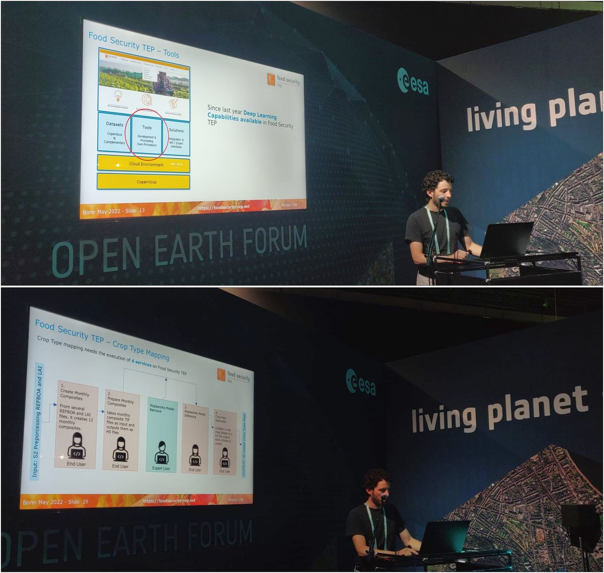 How #AI / #DeepLearning methods and models for #EarthObservation can easily be integrated on the Food Security TEP, was excitingly presented and demonstrated by our colleague Dr. Nicolas Corti at this year's ESA Living Planet Symposium #LPS22 in Bonn.