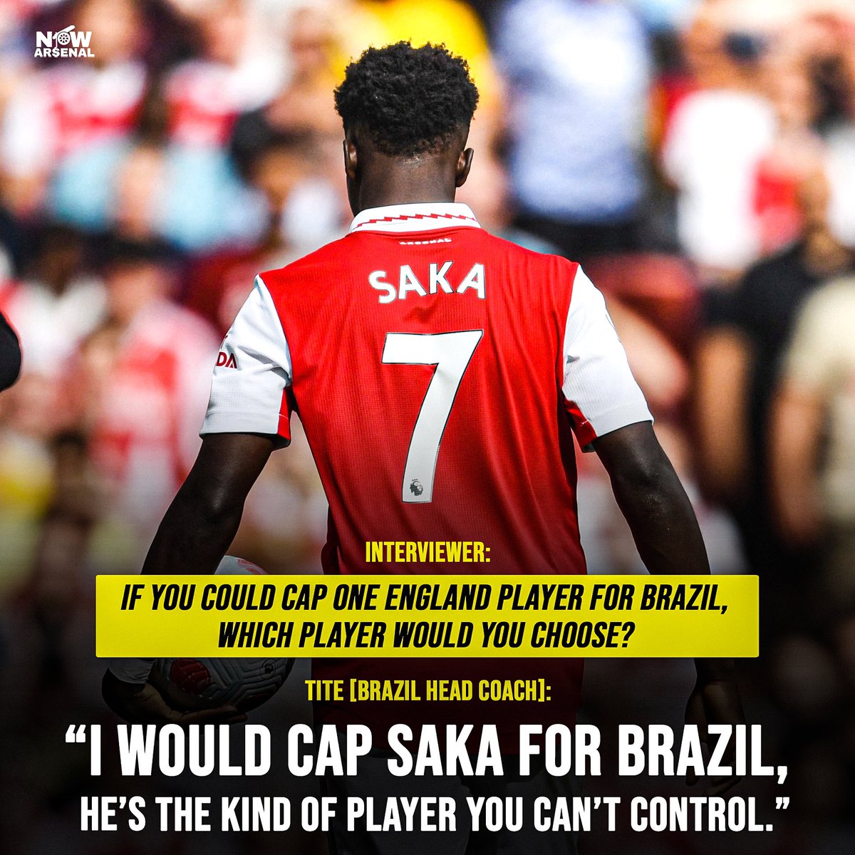 now_arsenaI's tweet photo. Big praise for Arsenal’s Bukayo Saka from the Brazilian national team head coach, Tite…🇧🇷🤩 #afc https://t.co/cacBFza9JY