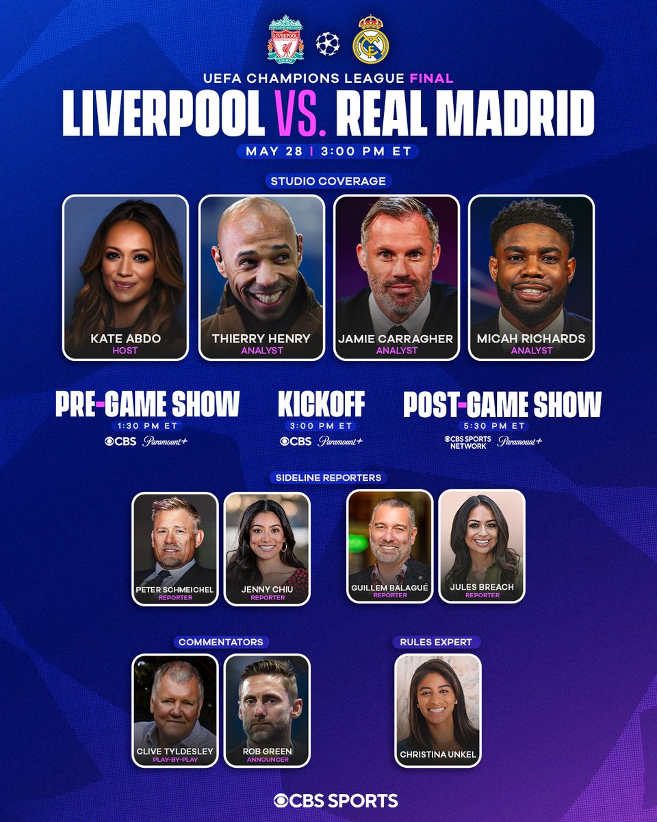 CBSSportsGang's tweet photo. TEAM NEWS: CBS Sports Announces its Starting XI for the UEFA @ChampionsLeague Final!
Live, On-site Coverage from Paris begins on Saturday, May 28 at 1:30 PM, ET on the CBS Television Network and @paramountplus!
Full Release: https://t.co/B5TTLtzUB2 https://t.co/bVZ0Xn3wMP