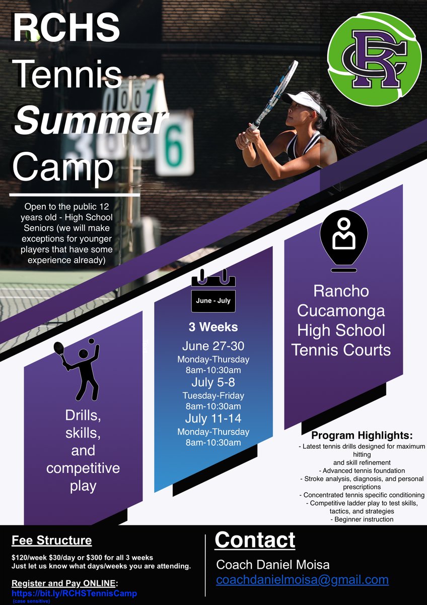 coach_moisa's tweet photo. To all our awesome Student Athletes - all the best on your exams! I attached the Tennis Summer Camp flyer! And don't forget to get your physicals done on campus next Wed. June 8th.
Fall Sports 1:30 
Winter Sports 3:00 
Spring Sports/Pep Squad*/ Incoming Freshmen 4:00 https://t.co/0sNh6PxW0Y