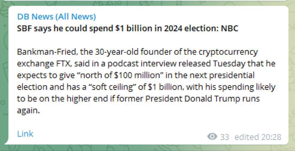 seekingleftism's tweet photo. SBF 🤝 Trump 🤝 $1B 🤝 protectionist 🤝 energy independence 🤝 libs leave for Canada 🤝 Fed buys BTC, CB’s fomo, Fed dumps, debt solved. https://t.co/SyK8x80rWM