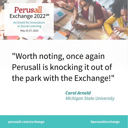 perusall's tweet photo. News from within the Perusall Exchange℠!

The Exchange course is still open! Join the course to engage asynchronously with 60+ presentations including our recorded live keynote sessions. Registration is free. 
https://t.co/xVSwhVxycg
#PerusallExchange https://t.co/XFMe3RWHpj
