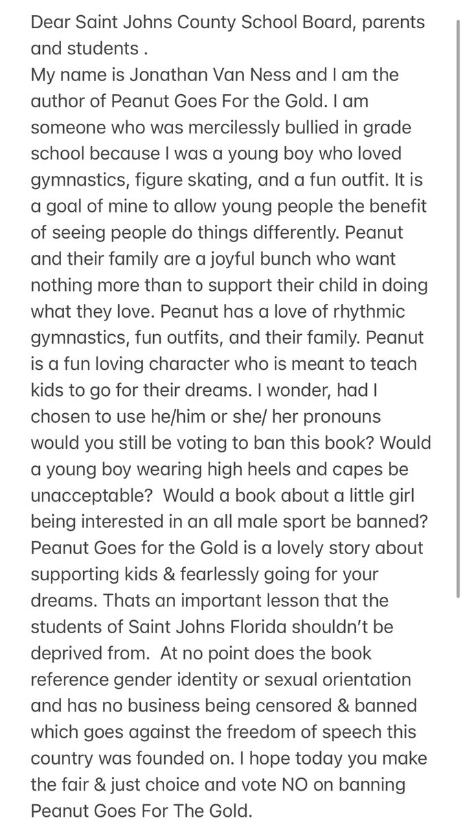 jvn's tweet photo. My children's book, Peanut Goes for The Gold faced a school board ban in Saint John's County Florida today. I'm happy to report the ban was opposed. I want to thank an amazing student named Chip Parkey who read my statement for me today. You can find it below: https://t.co/qAJjkwin2O