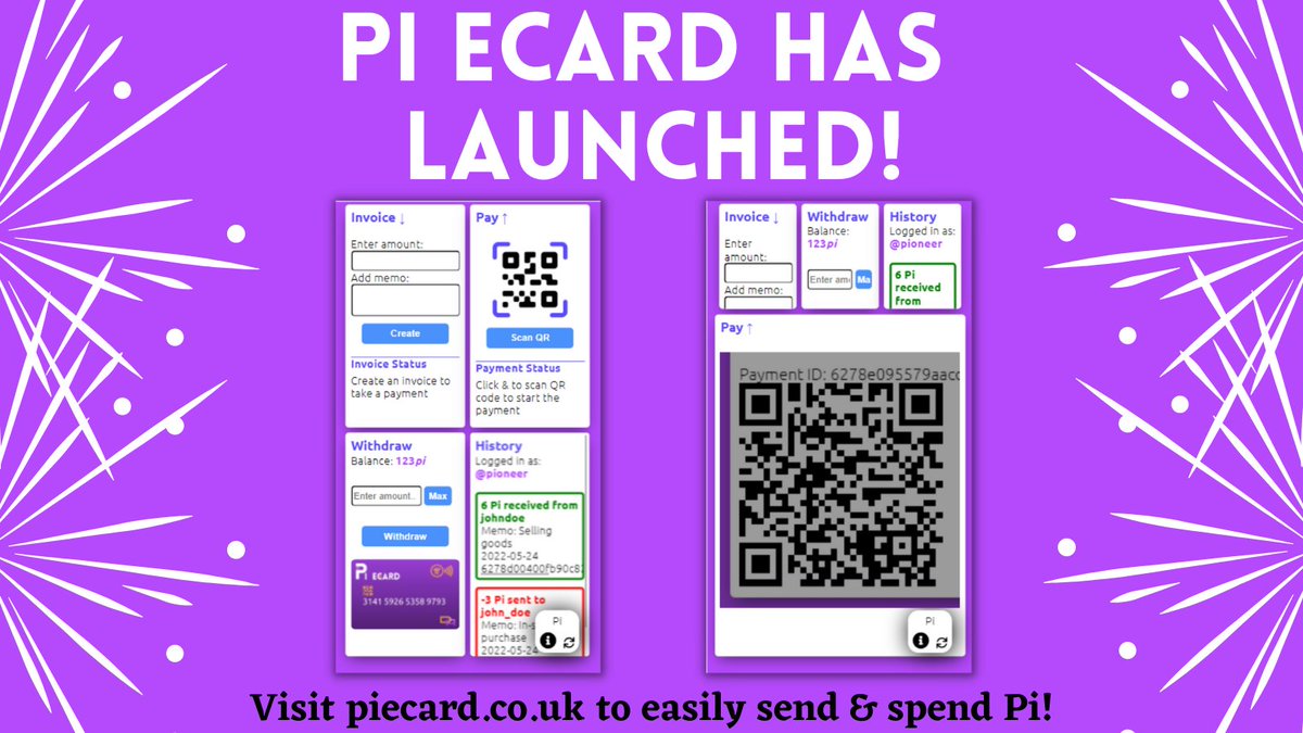 Hi Pioneers! We are pleased to announce the release of Pi eCard! 

You can now easily send and spend Pi through our convenient, risk free, Point of Sale app.

Go to piecard.co.uk in the Pi Browser!
