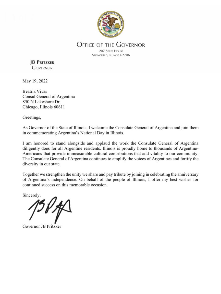 ArgEnChicago's tweet image. Agradecemos al Sr Gobernador de Illinois por las felicitaciones en ocasión de la celebración del 25 de Mayo