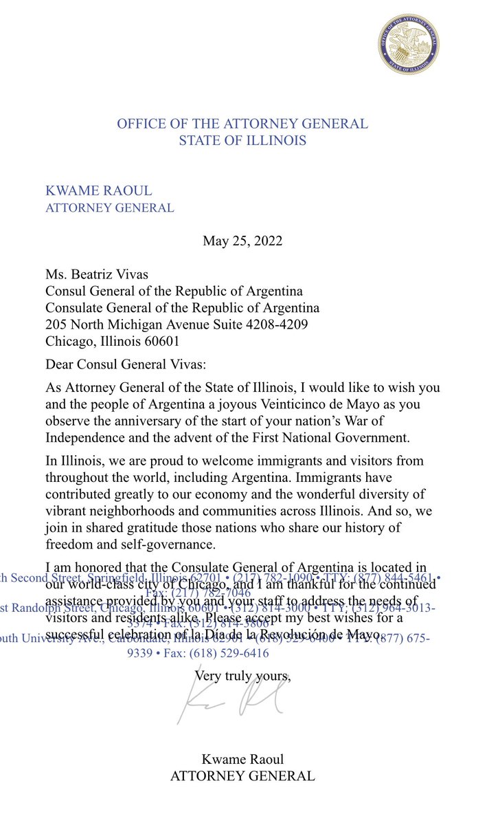 ArgEnChicago's tweet image. Agradecemos al Sr Procurador General de Illinois por las felicitaciones recibidas en el 25 de Mayo