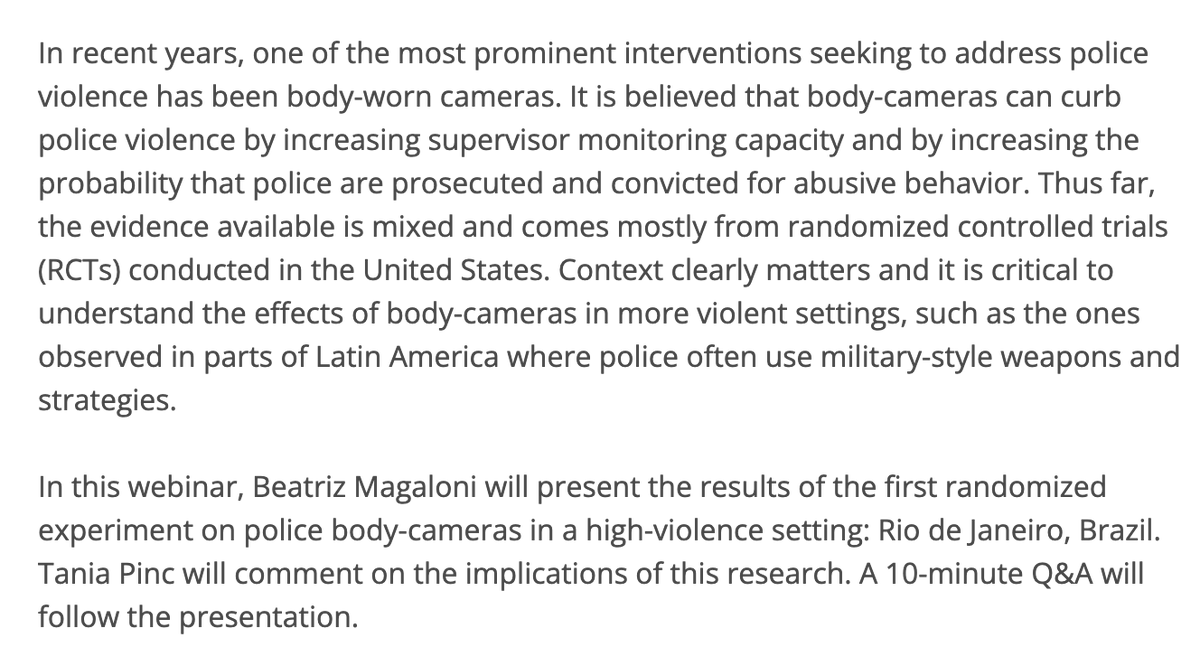 poverty_action's tweet photo. Join us, Friday 27th, at 11AM Eastern U.S. time, when we'll hear from @BMagaloni of @povgovlab, Tania Pinc of @ieausp, &amp; @isabela_salgado of @JPAL, on the first RCT of police body cams in high-violence setting, in this case Rio de Janeiro.
https://t.co/8iBKStCtJU https://t.co/TqAA3fheIV
