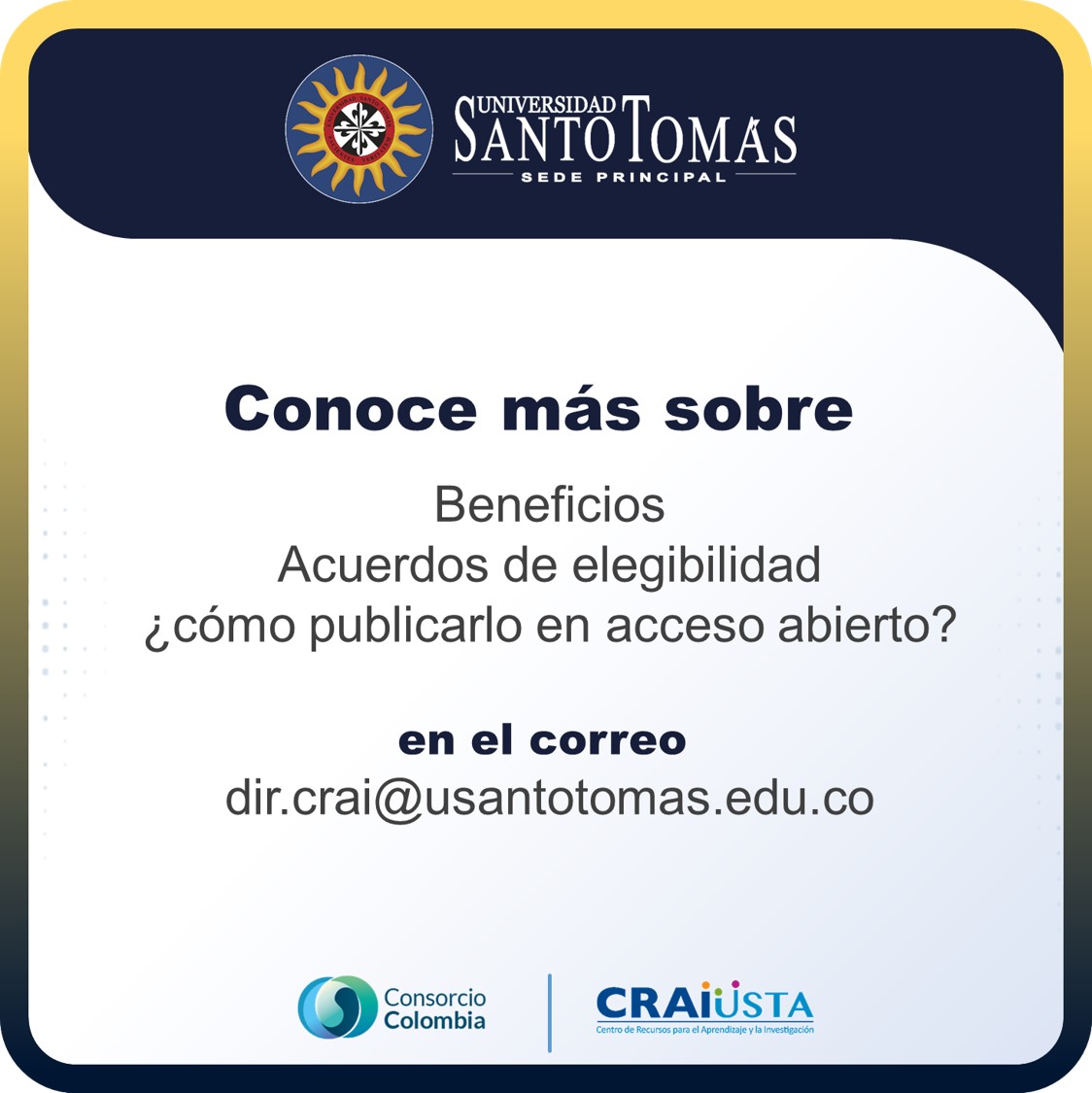 santotobogota's tweet photo. ¿Quieres publicar tus artículos científicos en acceso abierto sin costo?
Mayor información dir.crai@usantotomas.edu.co https://t.co/zf4h11qdlx