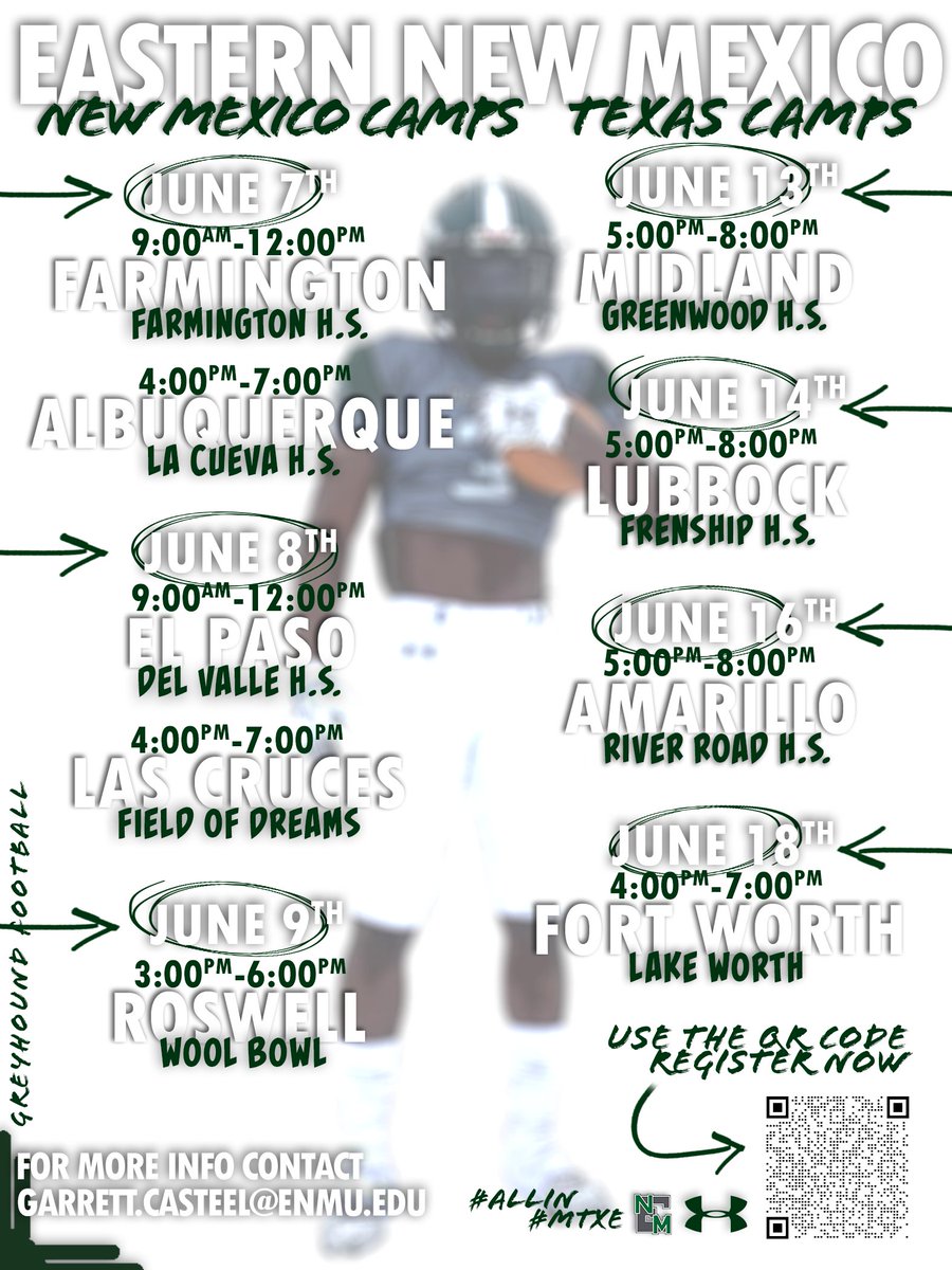 ENMUFootball's tweet photo. 🚨Updated🚨
📅Dates!
⏰Times!
📍Locations!

New Mexico &amp; West Texas camps will be here soon! Don't miss the opportunity!
Scan the QR code and register now!

#ALLIN x #MTXE https://t.co/jVLiDrD6ig