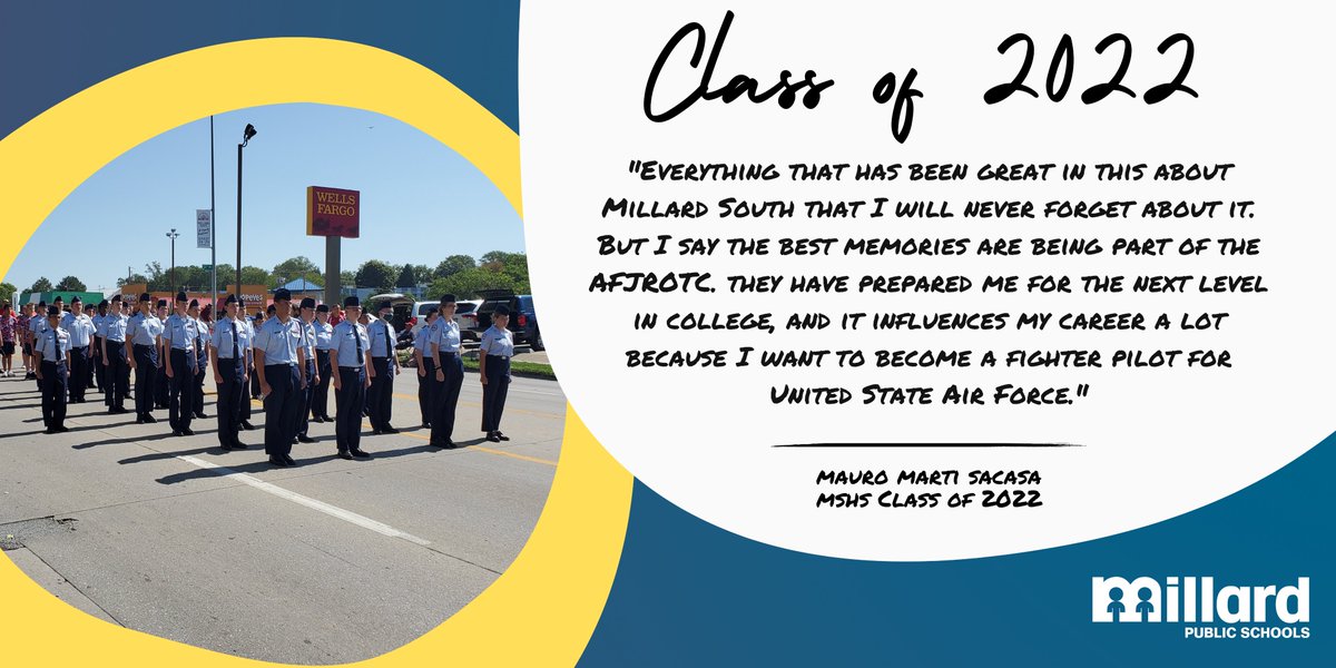 MillardPS's tweet image. Mauro Marti Sacasa has been involved in the Air Force JROTC at Millard South High School for the past four years. He enjoyed helping the younger cadets during his senior year. Maruo’s goal is to become a fighter pilot for the United States Air Force. #MPS22Grad