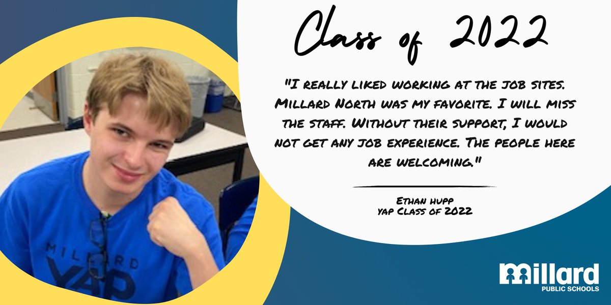 MillardPS's tweet image. Ethan Haupp will graduate from the Young Adult Program this spring. Ethan has been helping out in the Millard North cafeteria this year. His hard work didn’t go unnoticed. He was recently offered and accepted a job to work there after graduation.
#MPS22Grad