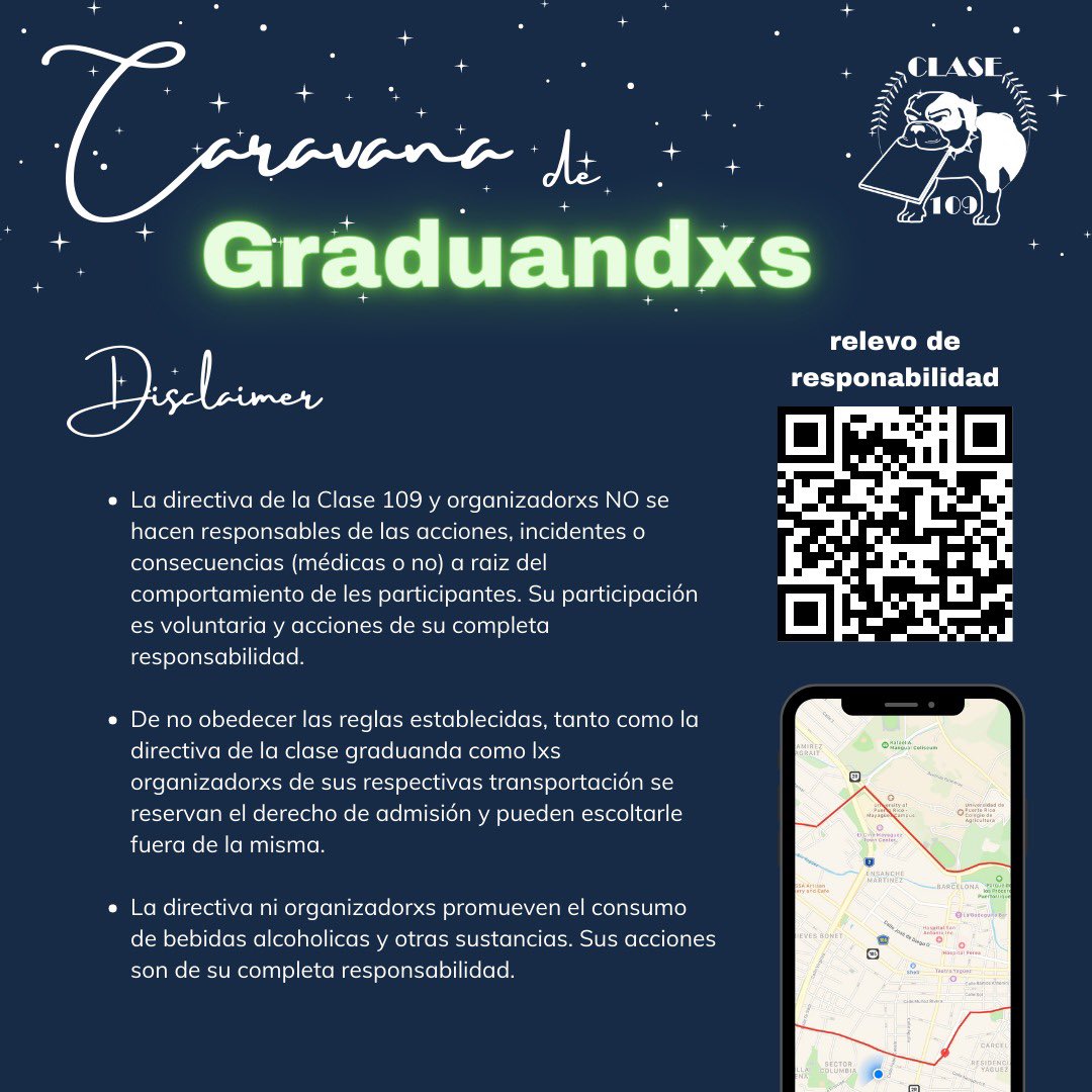 clase109uprm's tweet photo. [INFORMACIÓN IMPORTANTE CARAVANA CLASE 109 🚨🚗🎓🎉]

Les recordamos que todos los participantes de la Caravana 109 deben de llenar el relevo de responsabilidad que se encuentra disponible en el siguiente enlace: https://t.co/JLYyqLDtsX https://t.co/ec256XYLuZ