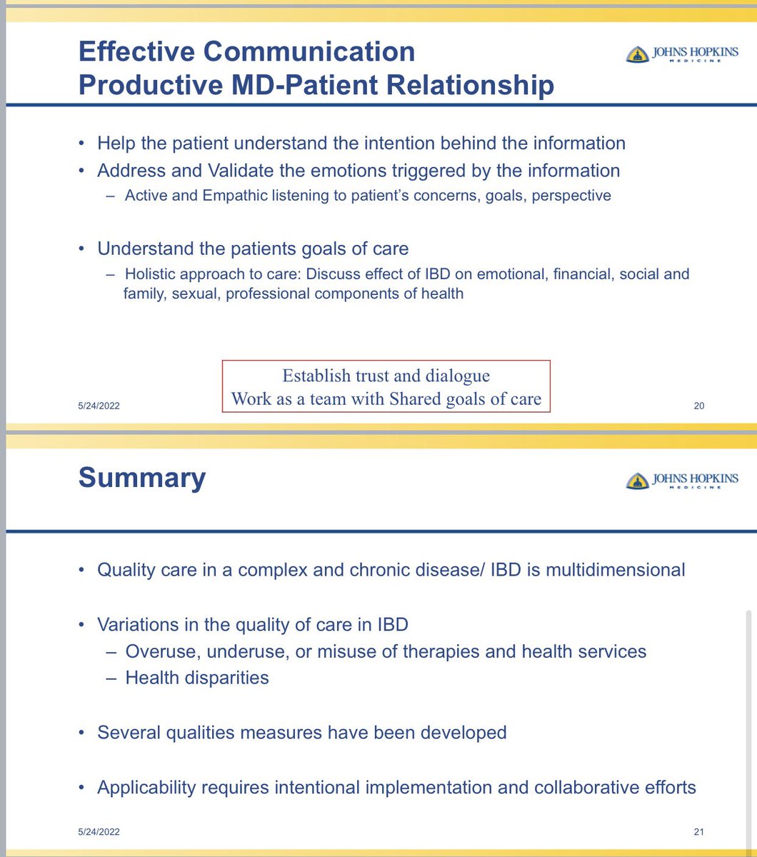 #DDW2022 Meaningful improvement of quality of care in #GI #IBD #Liver 

💎“Focus on your patients &amp; don’t forget those left out” 

✅Understand pts concerns
✅Engage pts on their🎯
✅Collaborate &amp; be transparent
✅Provide safe effective quality empathic care
✅All🏥hands on deck