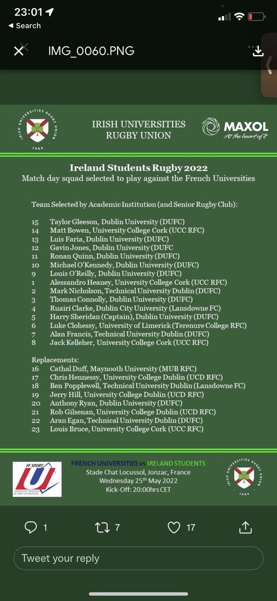 Best of luck to OC and Rudiments Rugby coach Cathal Duff and former SCT Captain Anthony Ryan as they travel to France to represent the Irish University side. 

🇮🇪 🟣⚪️

#universityrugby #irishunirugby2022 #clongowes