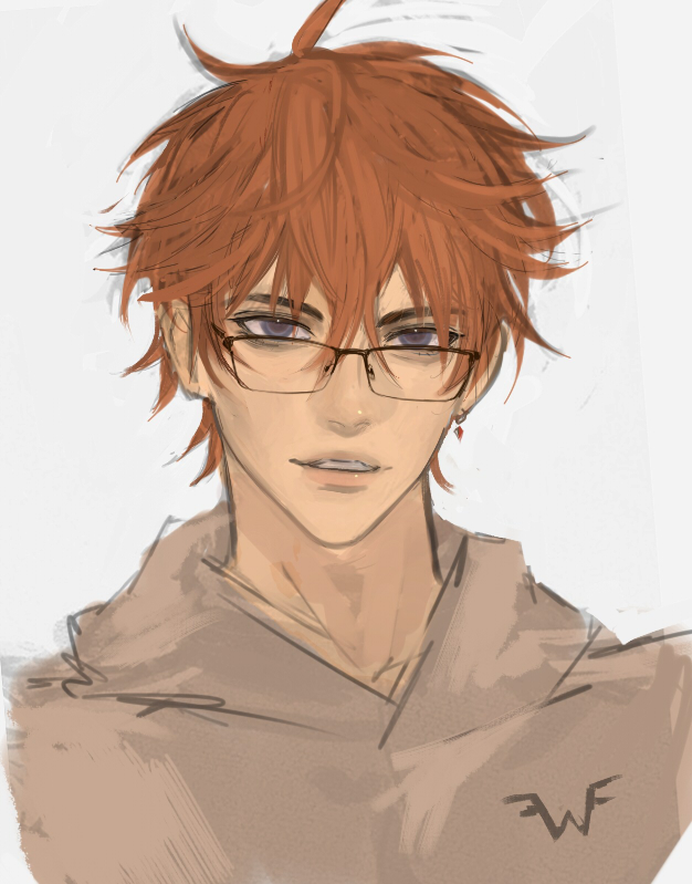 tartaglia (genshin impact) 1boy male focus solo glasses earrings jewelry orange hair  illustration images