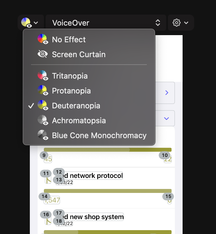 While we’re on the topic of color, Reveal now has the ability to simulate different genetic forms of color vision deficiencies. These simulations even compose with the contrast checks, so you can verify that your app’s colors work for everyone. 6/7