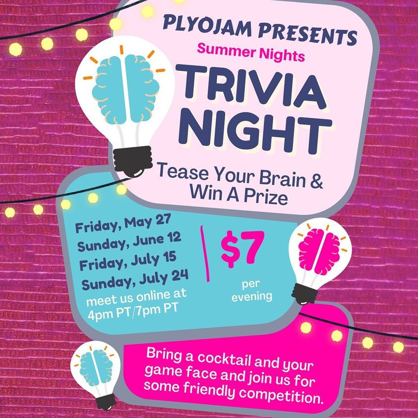 PlyoJam's tweet photo. Summer Nights Virtual Trivia series! Two Fridays and two Sundays, 4pm PT/7pm ET! Join us for one or two or all four (save a little $$ when you commit to all 4!) There is a space limit so grab your spot and let’s have some fun! You do not need to be a current member to play. https://t.co/P284co2yFn