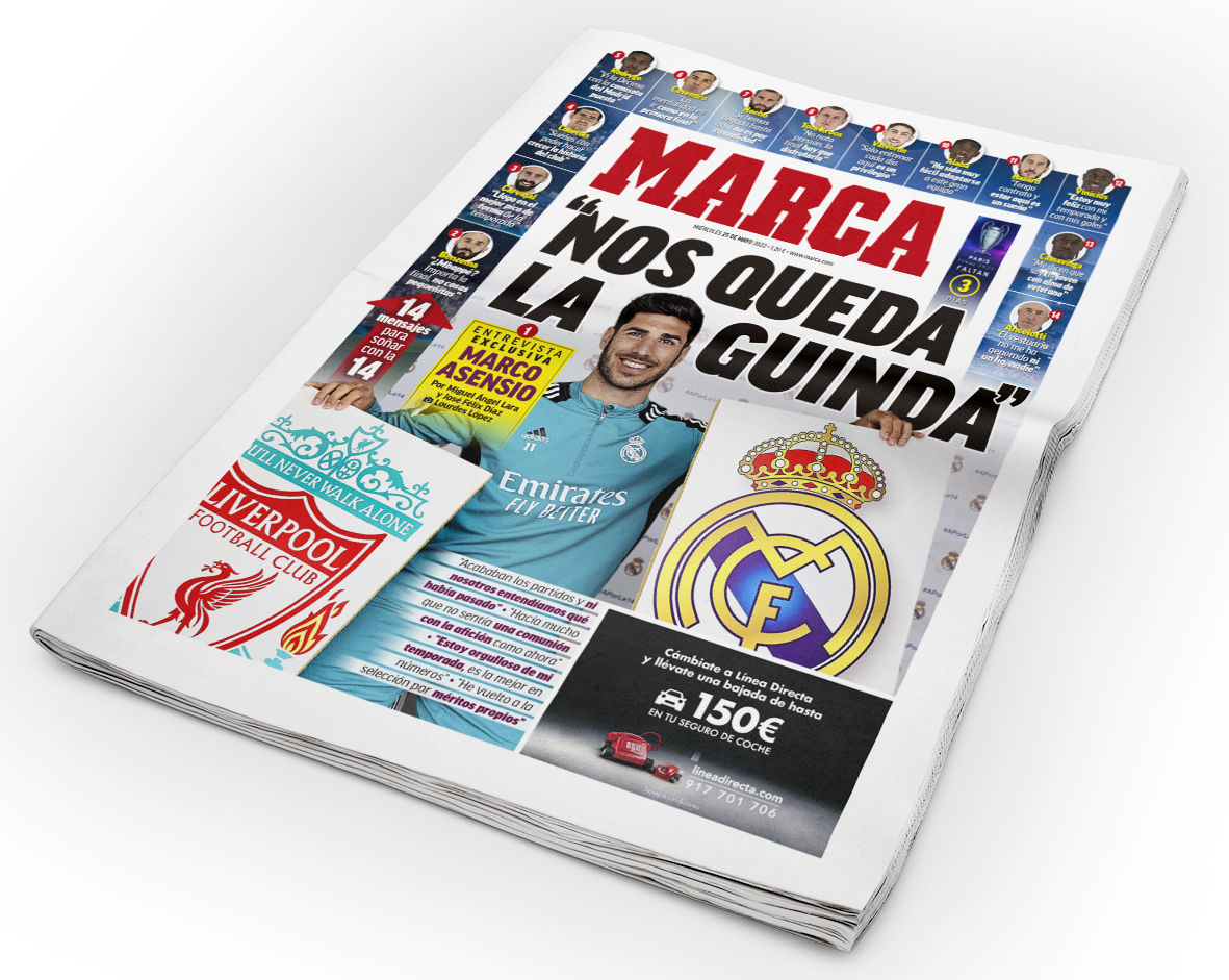 jahervash's tweet photo. La portada de mañana, 25 de mayo
#Portada #FrontPage #Marca #LaPortada #Capa #DiseñoGráfico #LaLiga #LaLigaSantander #UCL #ChampionsLeague @realmadrid #FinalParis #finalchampions #FinalChampionsLeague @marcoasensio10 #RealMadriَdLiverpool @LFC https://t.co/x1ZENxEAuD