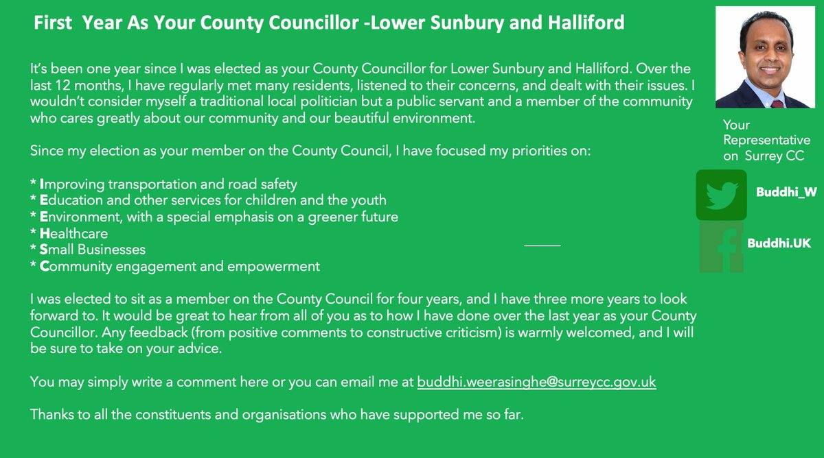 It’s been one year since I was elected as your County Councillor for Lower Sunbury and Halliford. 
Since my election as your member on the County Council, I have focused my priorities on:
<a href="/surreytorycllrs/">Surrey Conservatives</a> @KwasiKwarteng <a href="/spelthorneca/">Spelthorne Conservative Association 💙</a> <a href="/hstories4/">Halliford & Sunbury Conservatives</a> <a href="/SpelthorneYc/">SpelthorneYC</a> <a href="/SCCLeader/">Tim Oliver</a>
