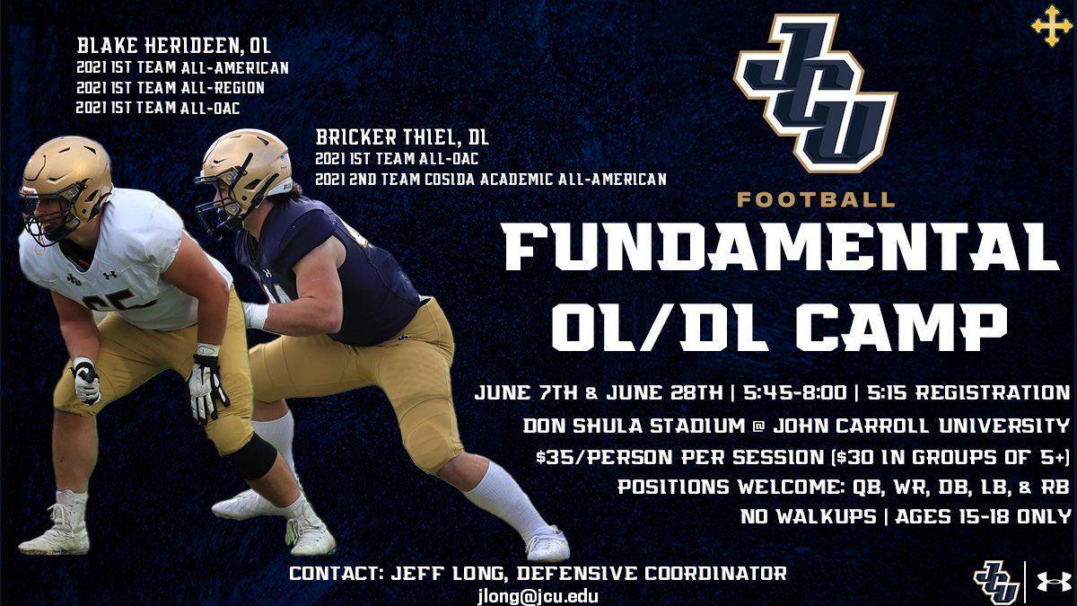 🚨🚨 ATTENTION ALL BIG MEN 🚨🚨 Attached below is the link to our OL/DL camp on June 7th and June 28th. COME GET BETTER WITH US!! 

johncarrolluniversity.wufoo.com/forms/2022-jcu…
