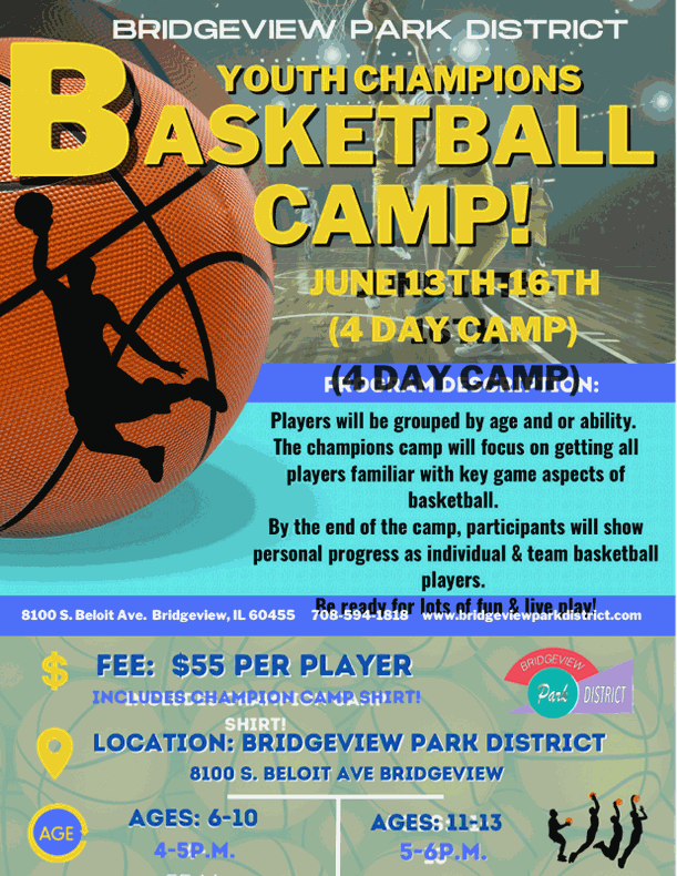 ParkBridgeview's tweet photo. SUMMER BASKETBALL CAMP at the Bridgeview Park District!! Get active over the summer!! Register today in person or online at https://t.co/OAmGnVawHP 🏀🏆 https://t.co/YTCMt1Og1c