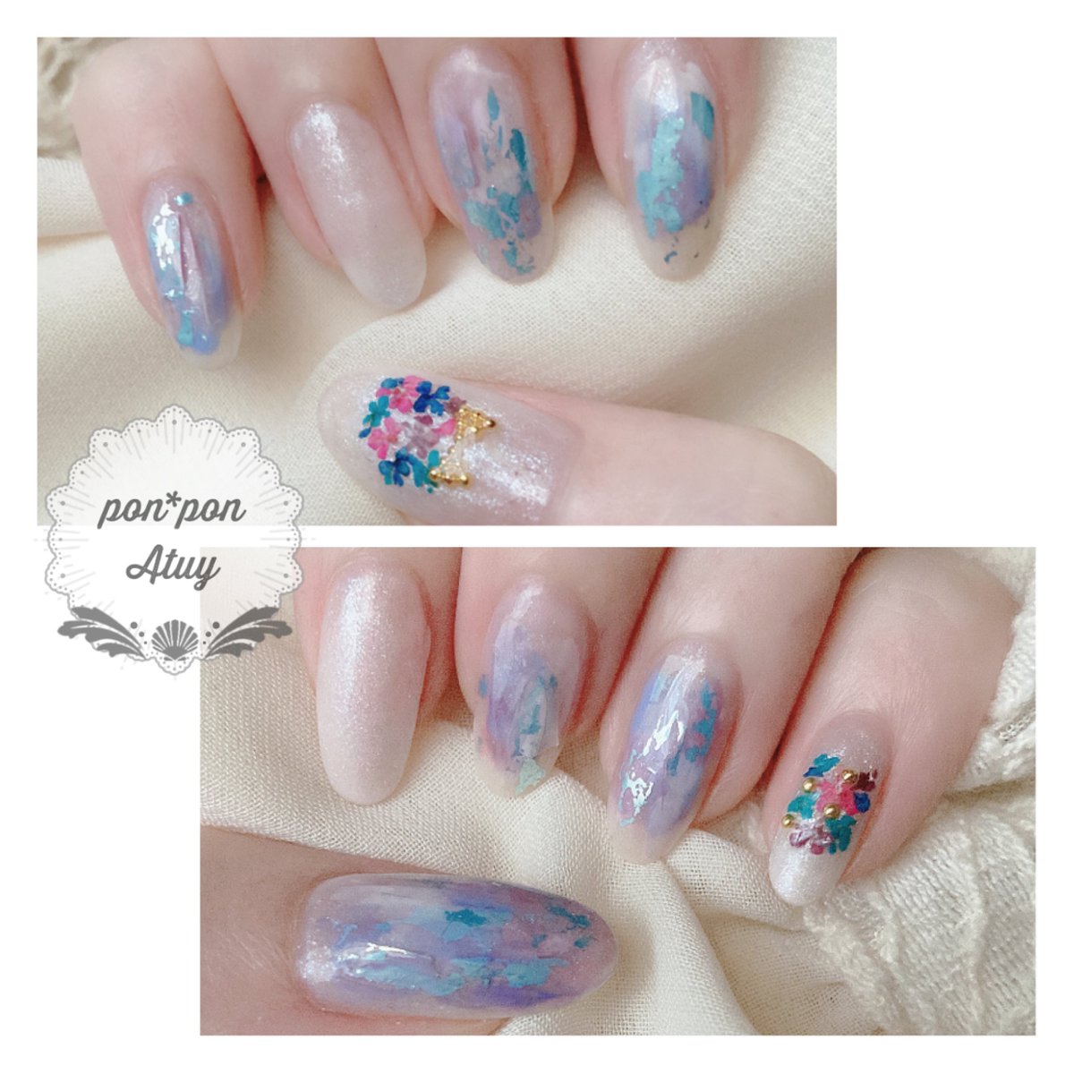 pon2atuy's tweet photo. 久々のセルフネイル🥰ニュアンス×ドライフラワー💐✨涼しげなイメージで！
#pon2atuy #selfnail #nailart https://t.co/qFzI14vdpN