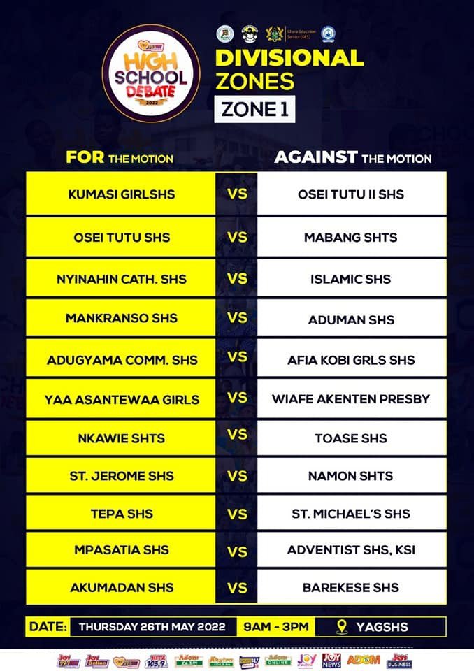 JoyPrimeTV's tweet photo. High Schools Debate Divisional Zones 1 - 4 pairings. #HighSchoolDebate https://t.co/63h1Ixwip6