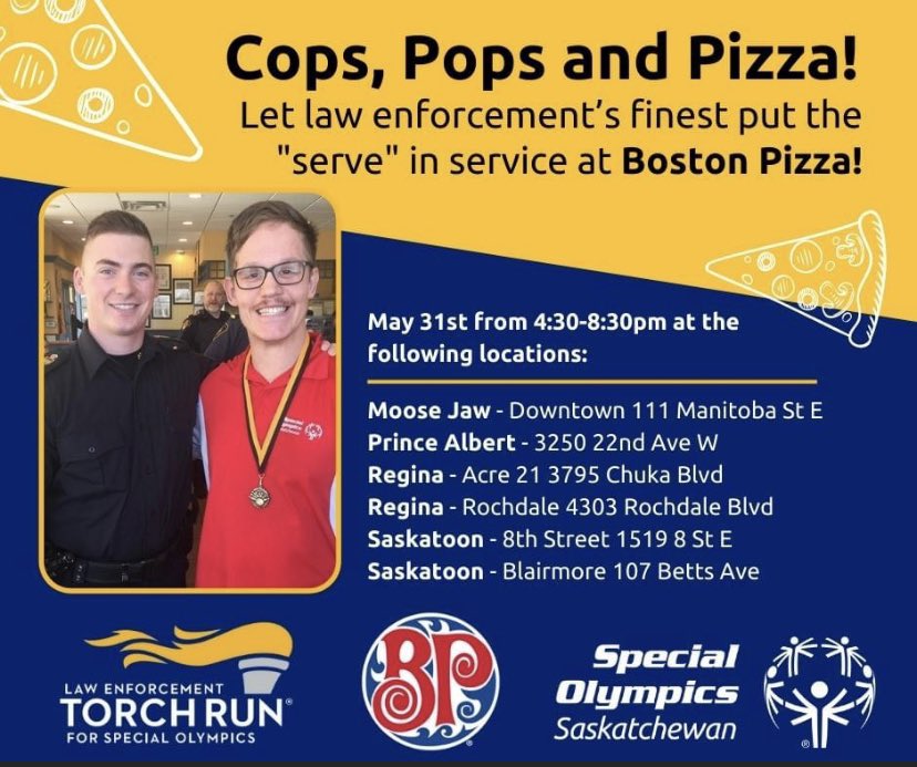 SpecialOSask's tweet photo. Join some of @Sask_LETR’s finest as they help serve🥤and 🍕at @bostonpizza! Every $10.00 donation gets an entry into the “Dinner for Two” raffle valued at $100.00. You definitely don’t want to miss out!

👀 you on Tuesday, May 31st from 4:30-8:30! 

🔗: https://t.co/EIe5Viv5zX https://t.co/FBvJajI8JQ