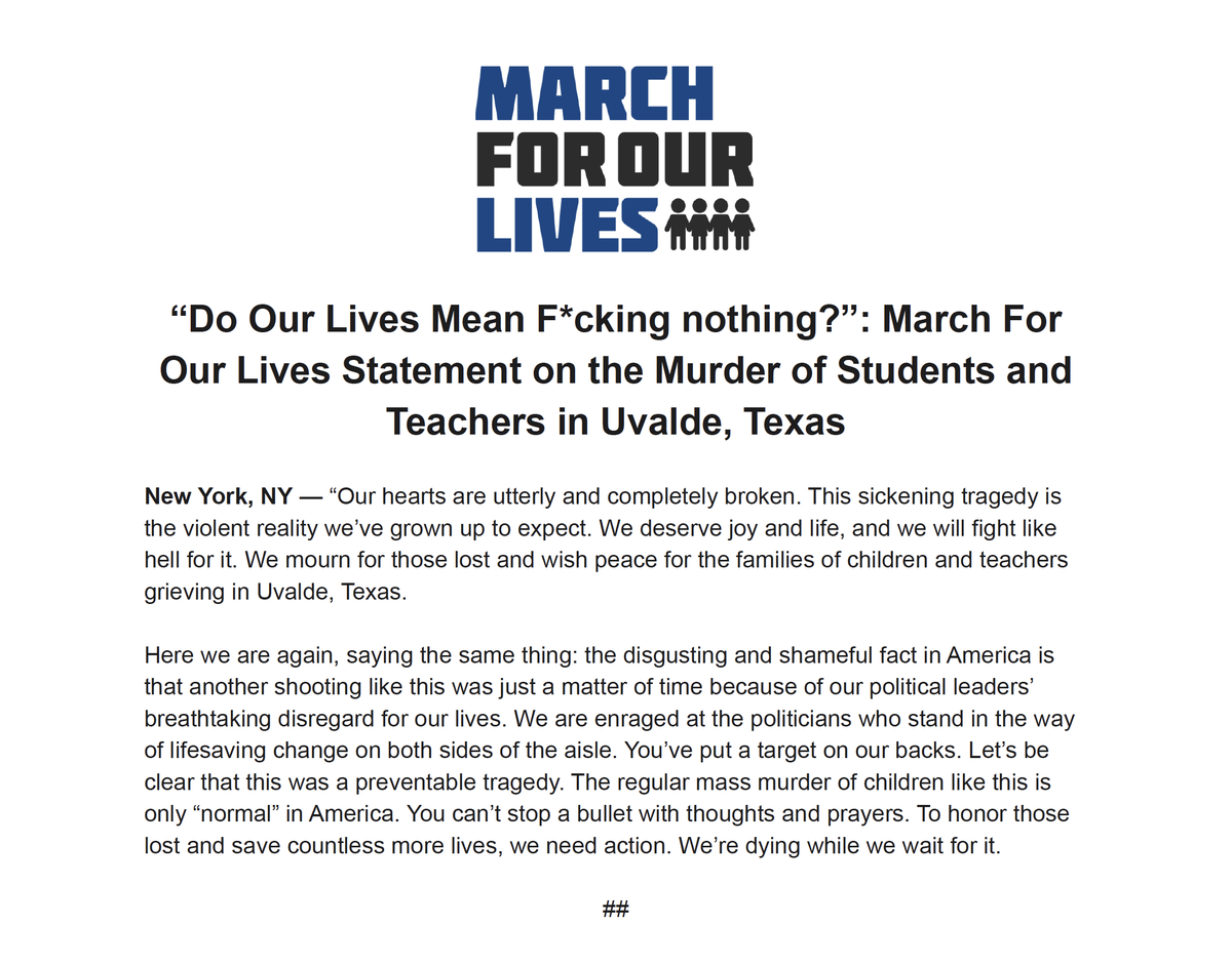 Our hearts are utterly and completely broken. You can’t stop a bullet with thoughts and prayers. To honor those lost and save countless lives, we need action. We’re dying while we wait for it.