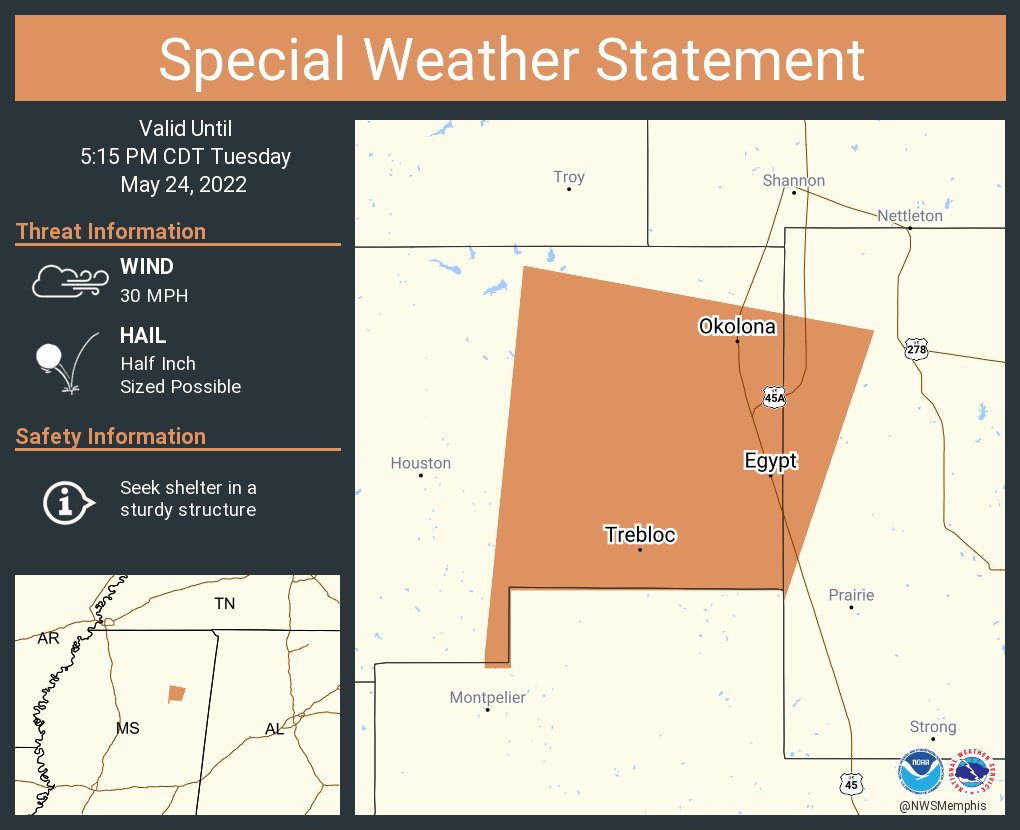 NWS Memphis Twitter પર "A special weather statement has been issued for Okolona MS, Egypt MS