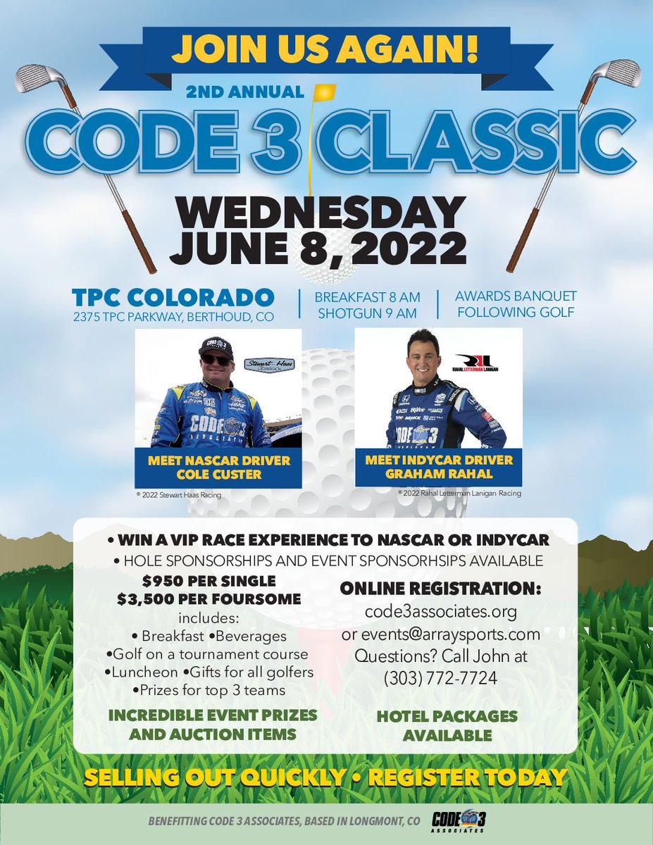 Celerant is proud to sponsor our client @kinscollc & @Code3Associates at their golf event 🏌️#Code3Classic to support animal rescue 🐕 (June 8, @berthoudco). Features @GrahamRahal (@IndyCar) 🏎️ & @ColeCuster (@NASCAR) 🏁. code3associates.org/code-3-classic/ #Code3Classic2022 | #Code3Classic22