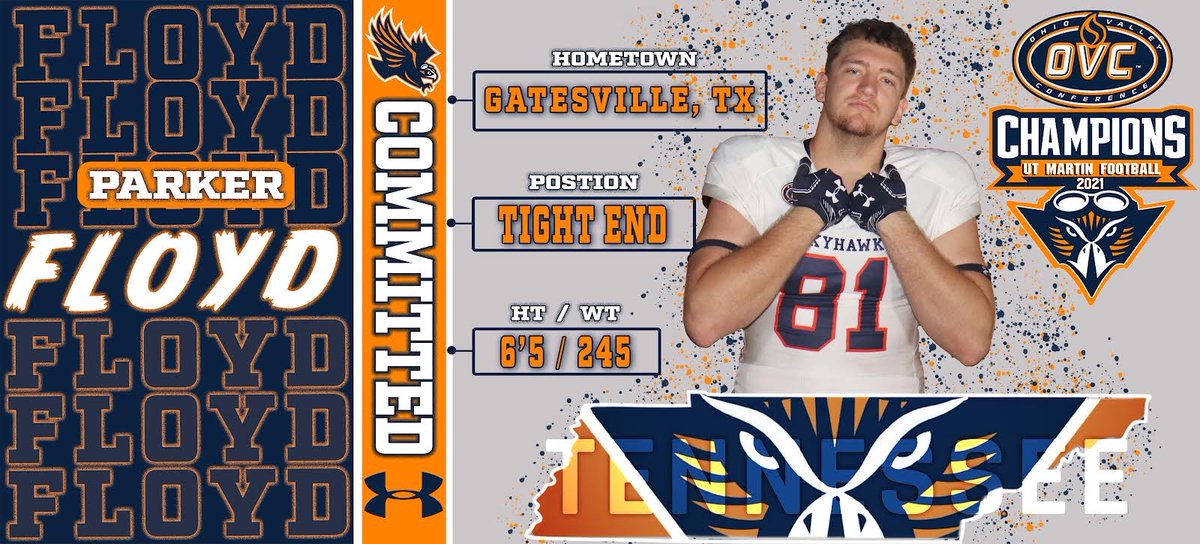 TheParkerFloyd's tweet photo. I am blessed to announce that I am continuing my academics and football career with The University of Tennessee at Martin! Thank you to all the coaches that gave me an opportunity to play! @UTM_FOOTBALL @CoachMattJones @Coach_JSimpson https://t.co/BsXMkgAKfD