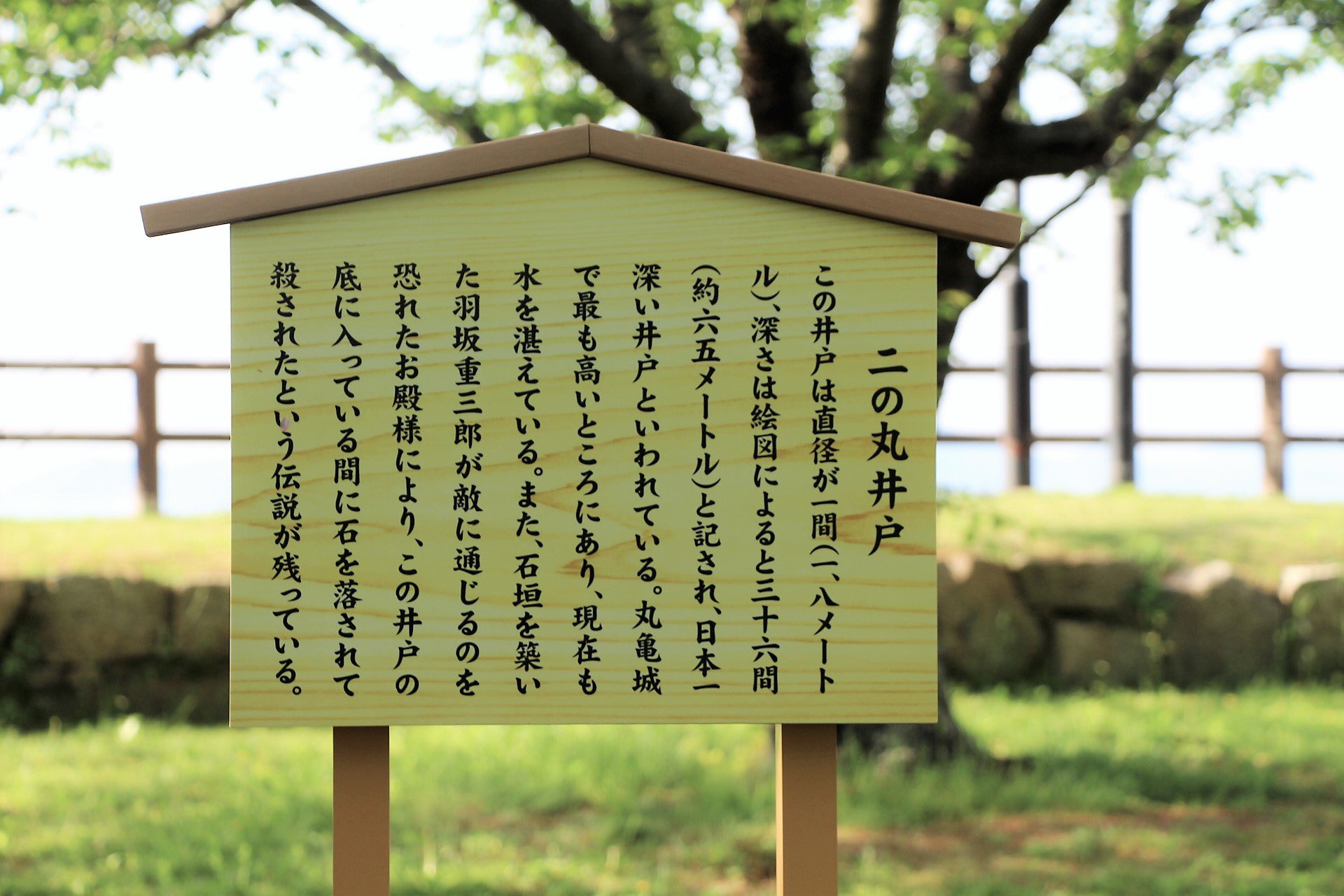 全力応援 丸亀市 丸亀市に関する情報を色々と発信します 日本一深ーい井戸 丸亀城の 二の丸井戸 なんとこちらの井戸は深さ65メートルだとか さらに井戸の水深も30メートル以上で立て看板を読むと怖いことも書かれています 二の丸の真ん中付近