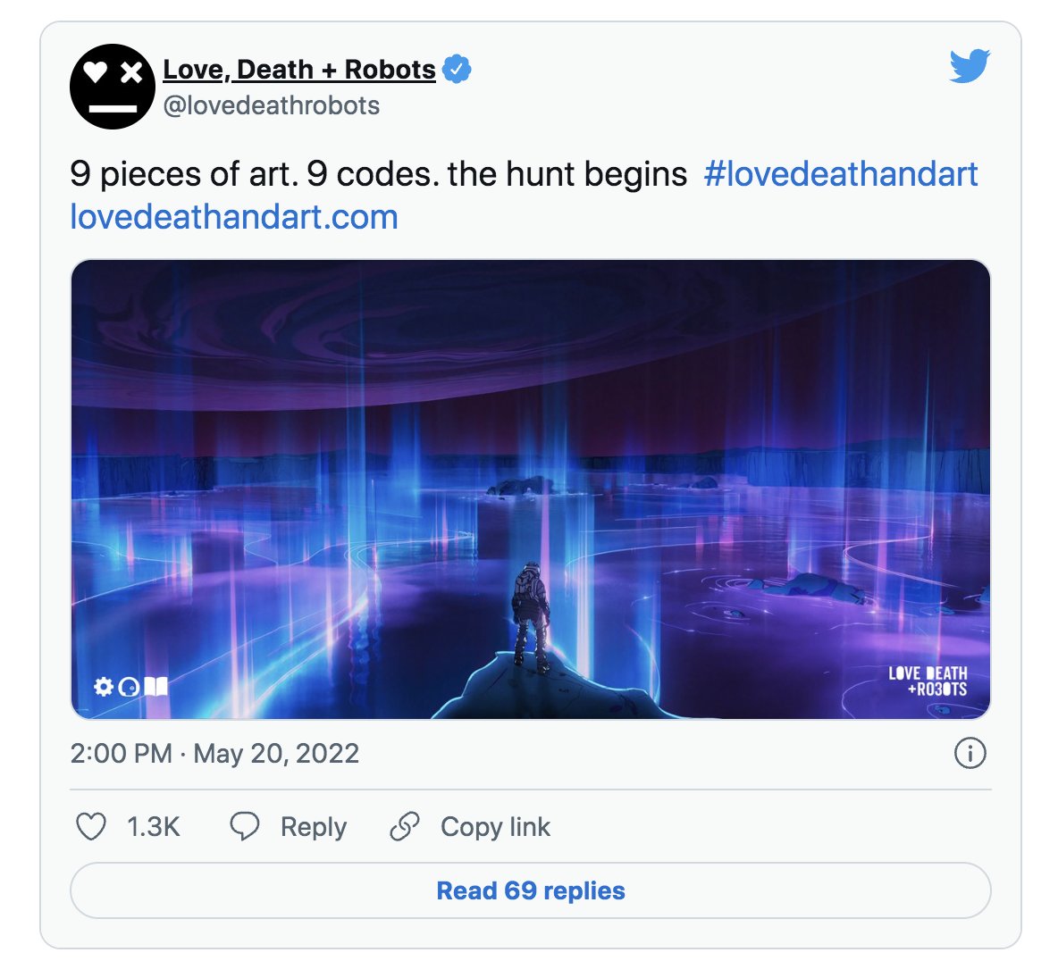 GeniusAssets's tweet photo. 🖤✖️⚫️
Has anyone watched the latest season of #Netflix's:
"love, death + robots"? #LDR 
This new season of the series featuring shorts stories now includes a scavenger hunt for 9 hidden QR codes to mint into #NFT's. #Lovedeathandart 🖼️

#Bezinga #NFTnews
https://t.co/AtqdqehzPf https://t.co/EVXxCaaPjB